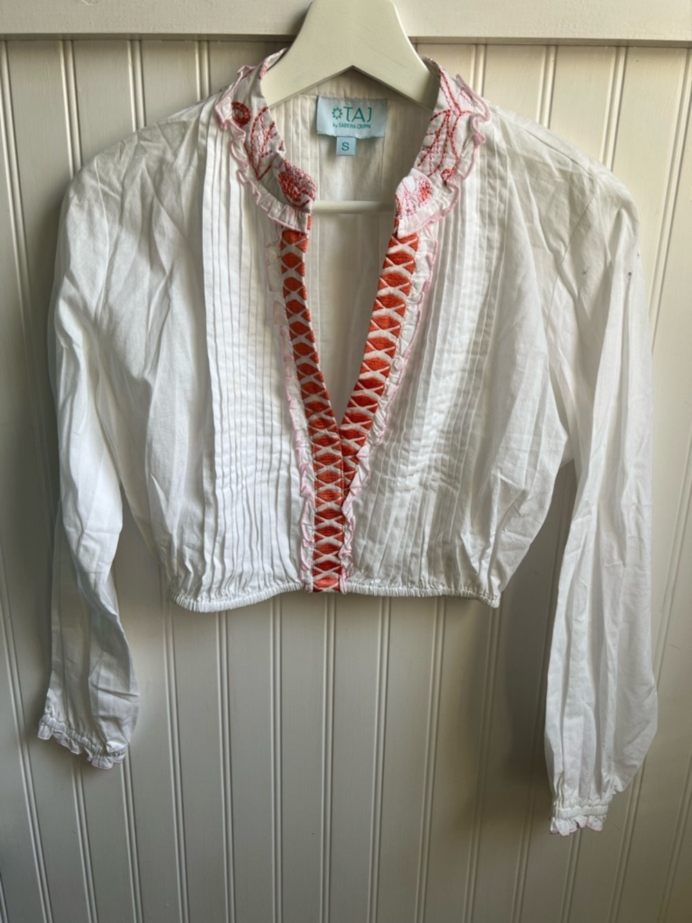 TAJ by Sabrina Crippa Embroidered Cropped Cora Top in White Size Small NWT